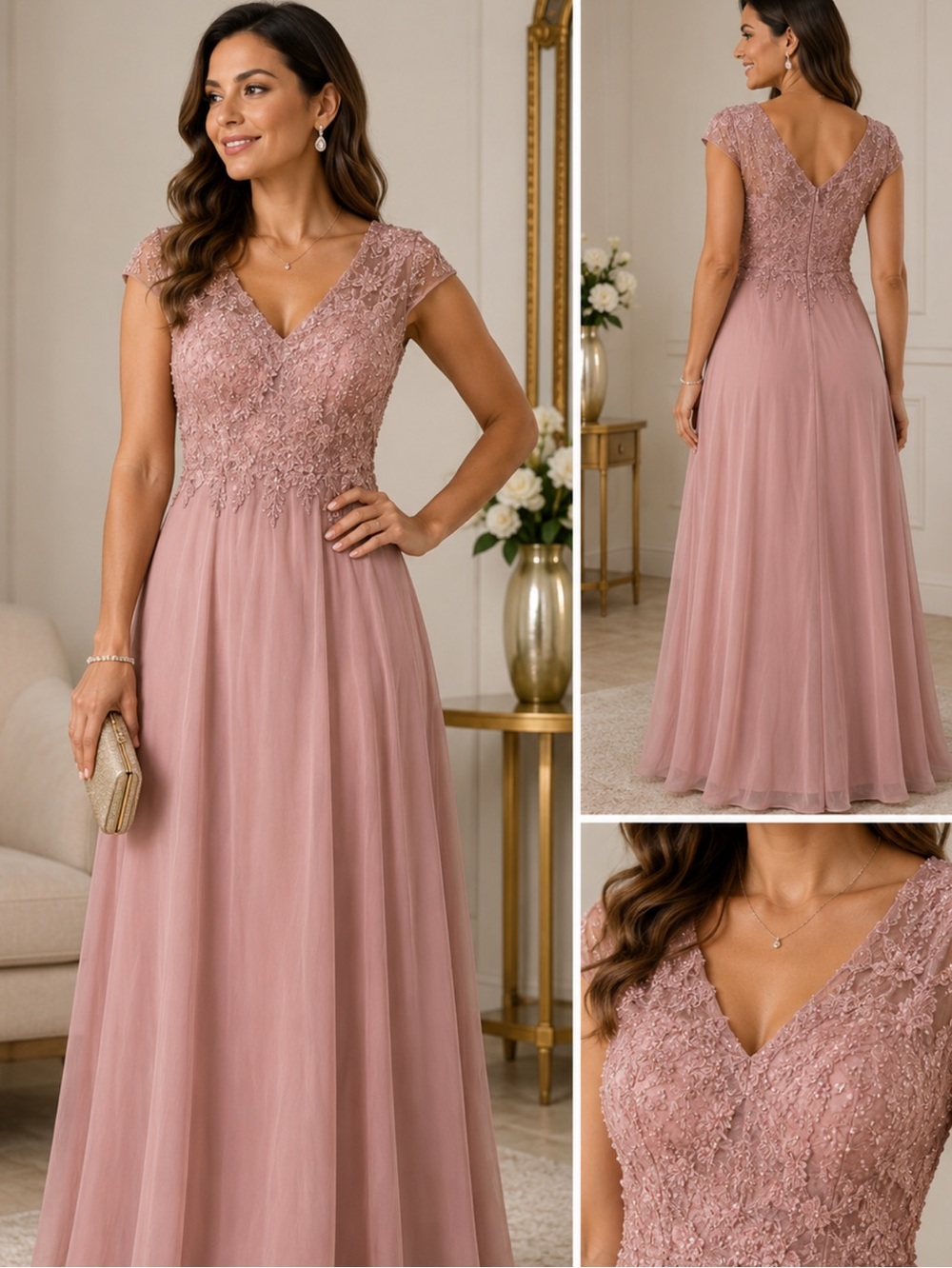 Sublime collection dusty pink beaded lace saffron maxi formal dress size L